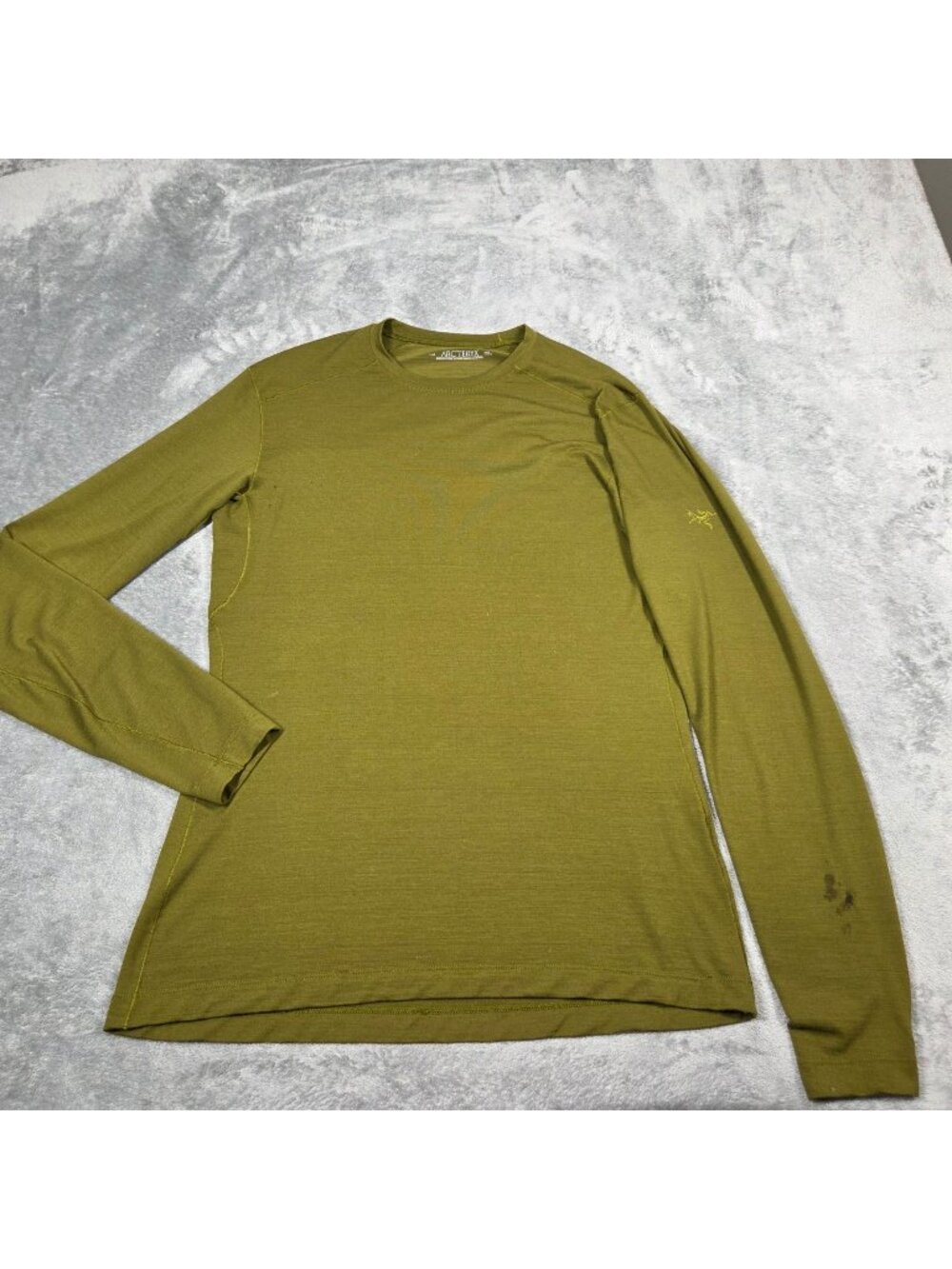 Arc'teryx Shirt Mens Large Green Satoro AR Crew Neck Wool Blend Base Layer FLAWS